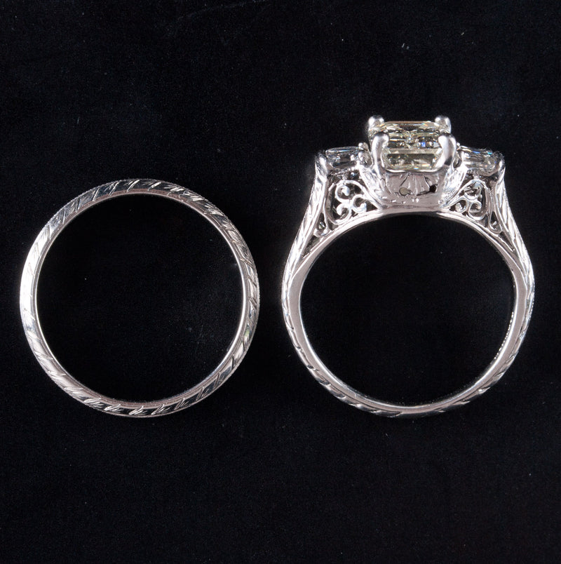 Vintage 1930's Platinum Diamond Three-Stone Engagement Wedding Ring Set 2.67ctw