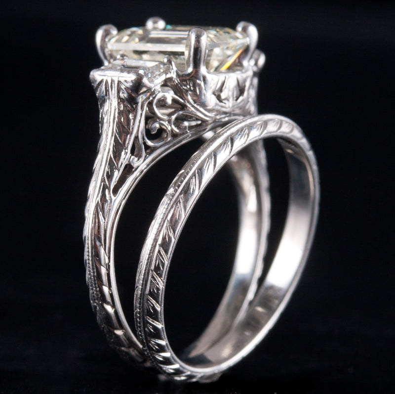 Vintage 1930's Platinum Diamond Three-Stone Engagement Wedding Ring Set 2.67ctw