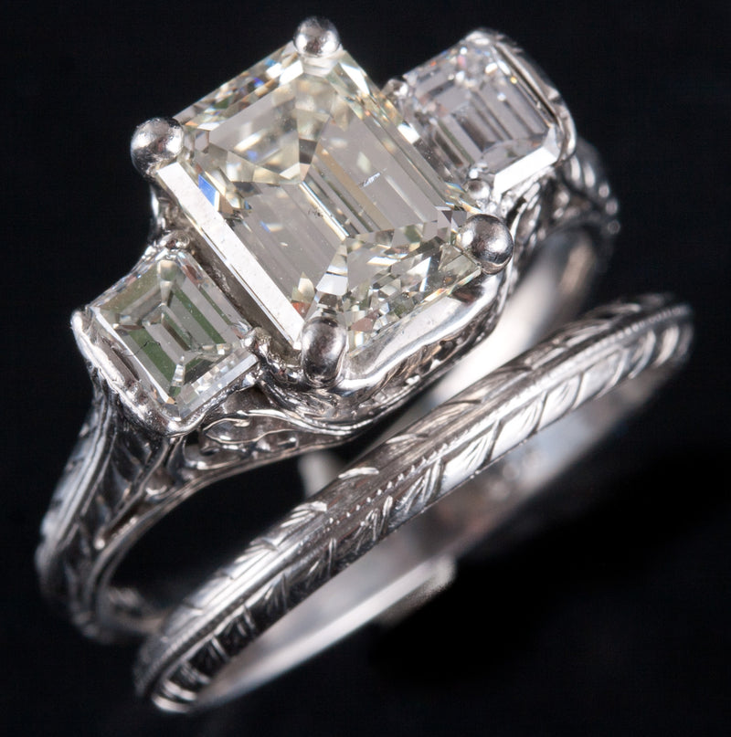 Vintage 1930's Platinum Diamond Three-Stone Engagement Wedding Ring Set 2.67ctw