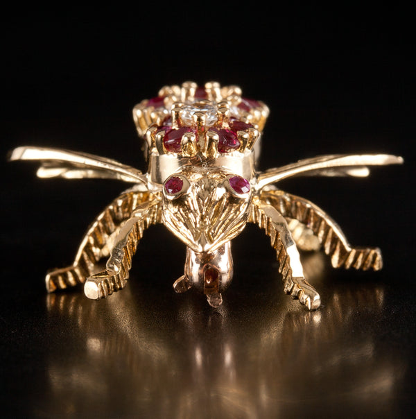 Vintage Herbert Rosenthal 18k Yellow Gold Ruby Diamond Bee Brooch 1.03ctw 5.87g