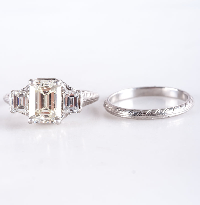 Vintage 1930's Platinum Diamond Three-Stone Engagement Wedding Ring Set 2.67ctw