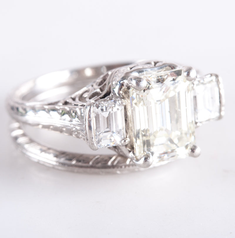 Vintage 1930's Platinum Diamond Three-Stone Engagement Wedding Ring Set 2.67ctw