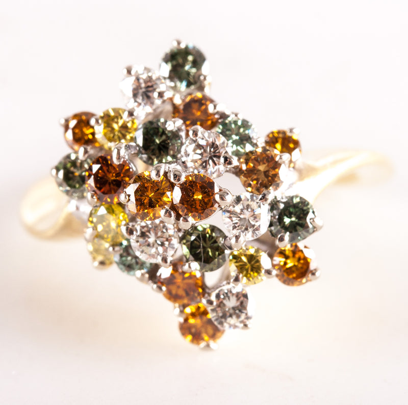 14k Yellow White Gold Round Multi-Color Diamond Cluster Cocktail Ring 1.30ctw