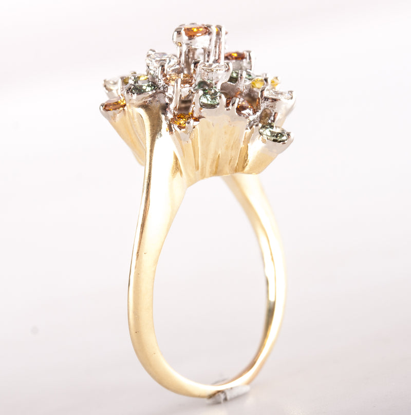 14k Yellow White Gold Round Multi-Color Diamond Cluster Cocktail Ring 1.30ctw