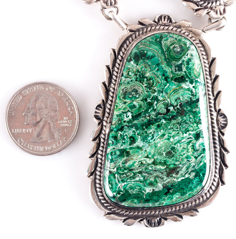 Vintage 1970's Sterling Silver Navajo Billie Eagle Malachite Necklace 173.6g