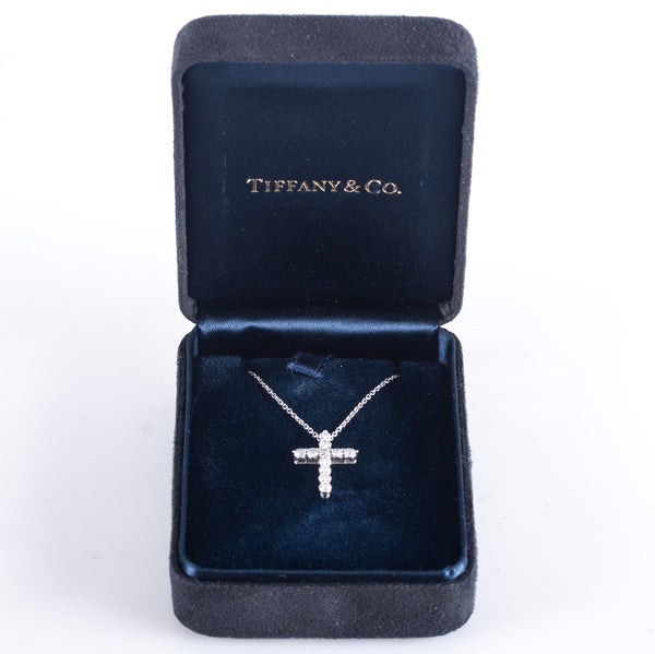 Tiffany & Co. Platinum Round G VS2 Diamond Cross Necklace W/ 16" Chain .45ctw