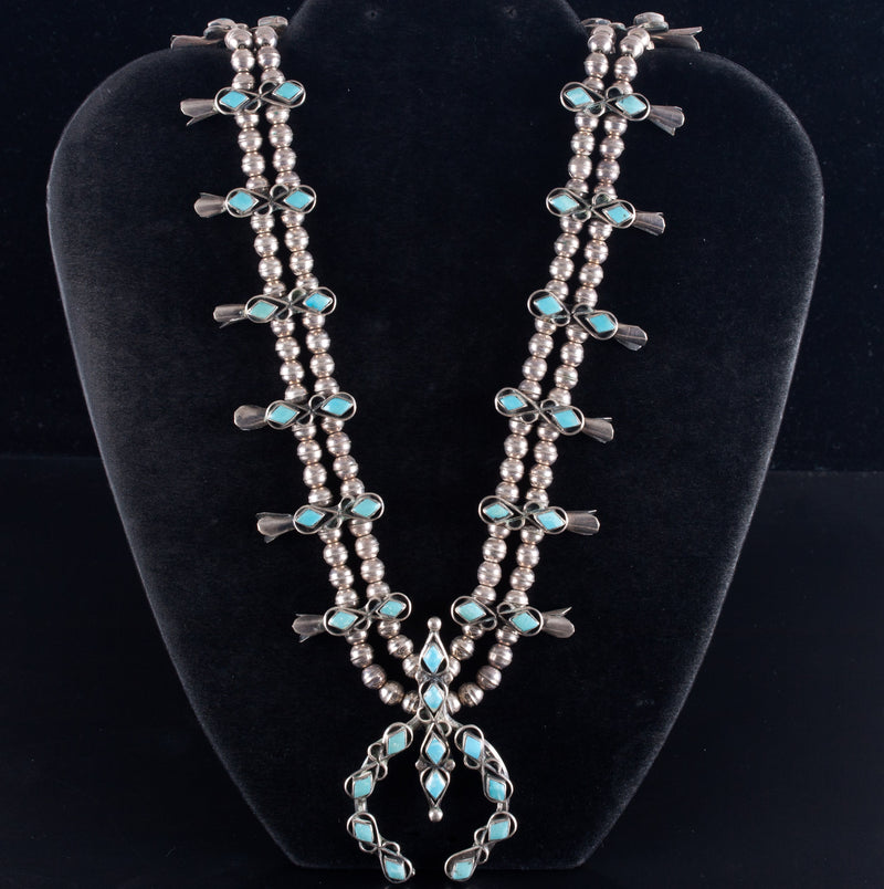 Vintage 1960's Sterling Silver Navajo Cabochon Turquoise Squash Blossom 86.3g