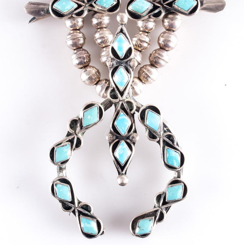 Vintage 1960's Sterling Silver Navajo Cabochon Turquoise Squash Blossom 86.3g