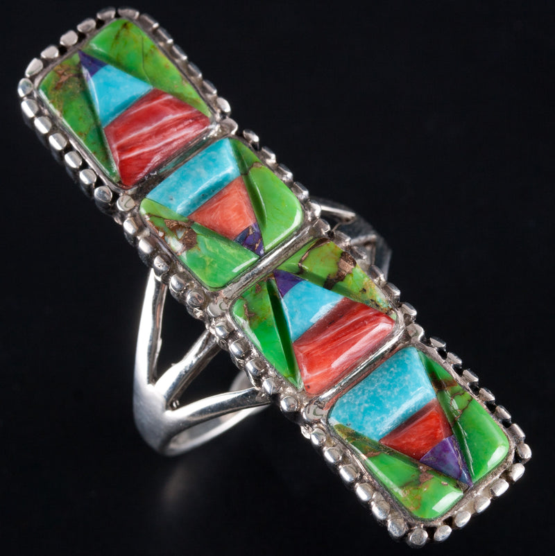 Sterling Silver Native American Variscite Turquoise Sugilite Spiny Oyster Ring