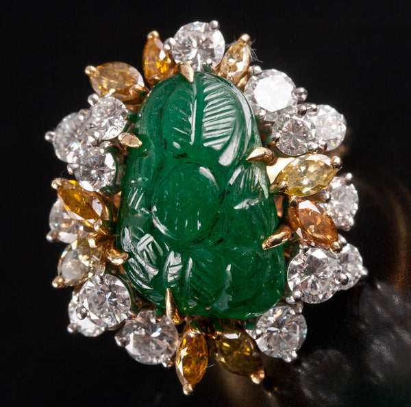 Vintage 1970's 18k Yellow Gold Platinum Emerald Diamond Cocktail Ring 2.35ctw