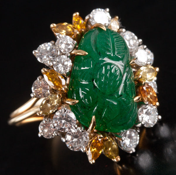 Vintage 1970's 18k Yellow Gold Platinum Emerald Diamond Cocktail Ring 2.35ctw