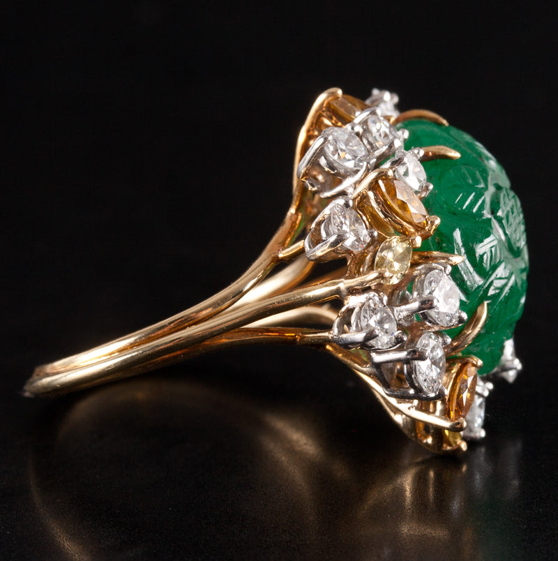 Vintage 1970's 18k Yellow Gold Platinum Emerald Diamond Cocktail Ring 2.35ctw