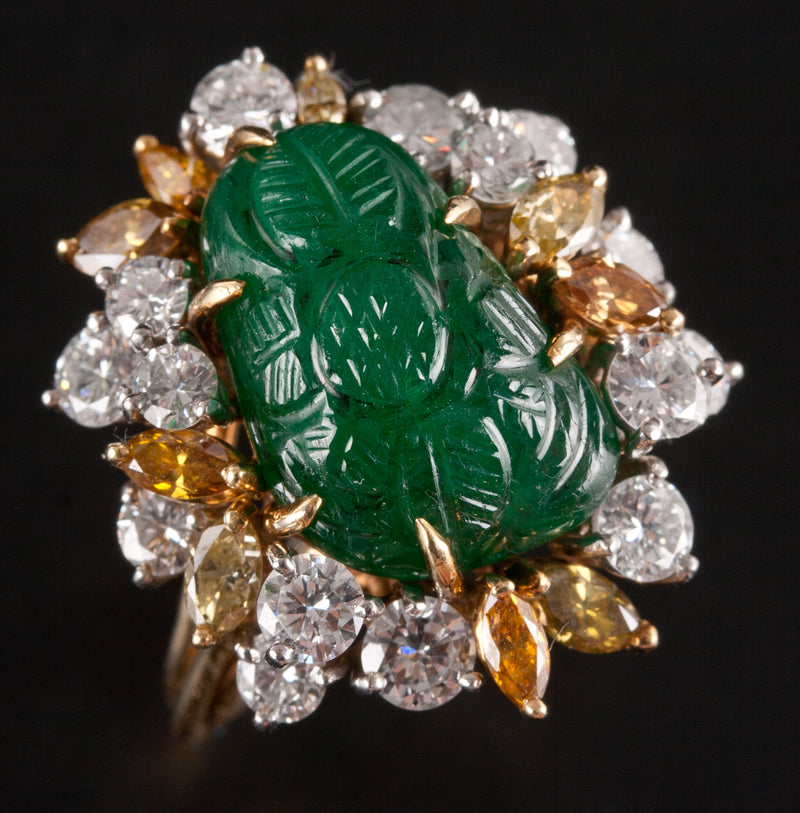 Vintage 1970's 18k Yellow Gold Platinum Emerald Diamond Cocktail Ring 2.35ctw