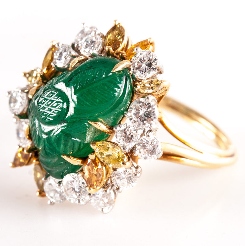 Vintage 1970's 18k Yellow Gold Platinum Emerald Diamond Cocktail Ring 2.35ctw