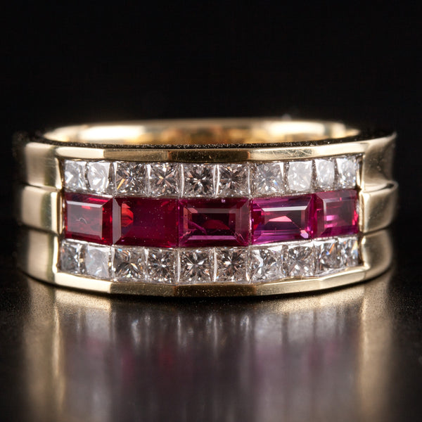 18k Yellow Gold Baguette Ruby Diamond Invisible Set Cocktail Ring 1.85ctw 9.2g