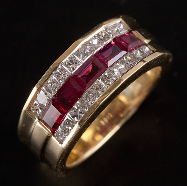 18k Yellow Gold Baguette Ruby Diamond Invisible Set Cocktail Ring 1.85ctw 9.2g