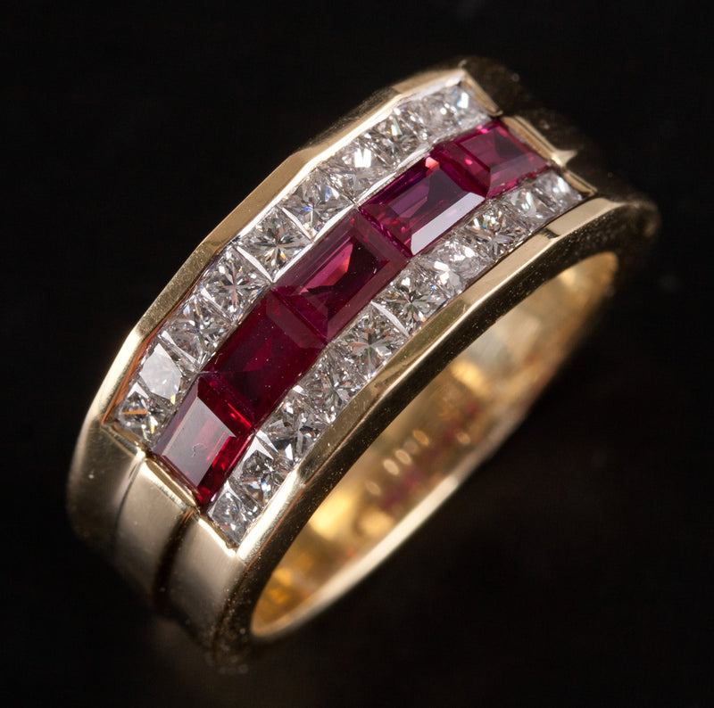 18k Yellow Gold Baguette Ruby Diamond Invisible Set Cocktail Ring 1.85ctw 9.2g