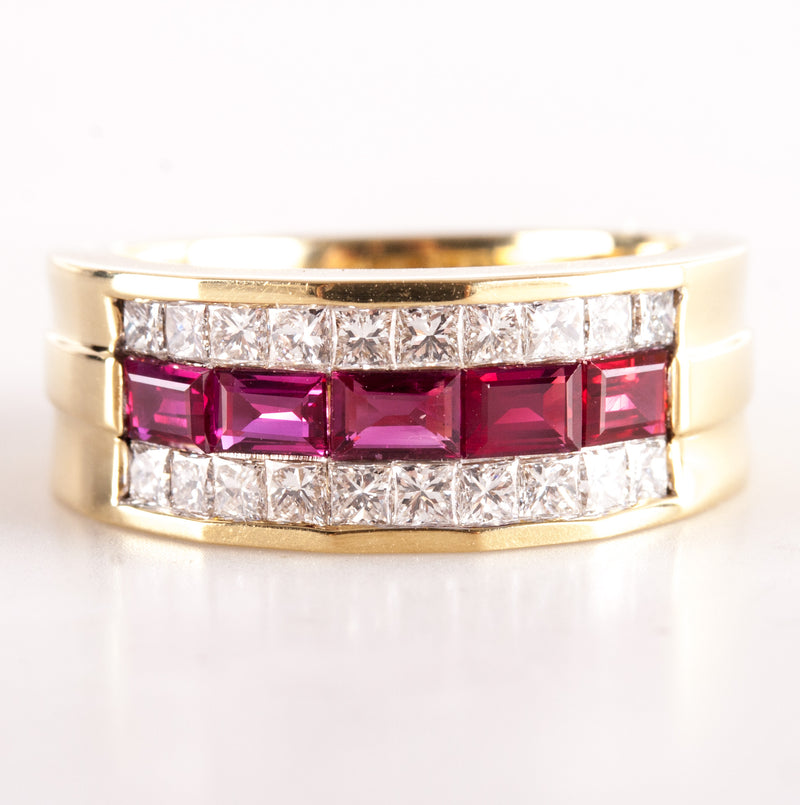 18k Yellow Gold Baguette Ruby Diamond Invisible Set Cocktail Ring 1.85ctw 9.2g