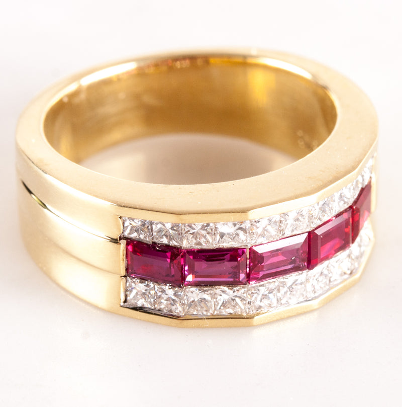 18k Yellow Gold Baguette Ruby Diamond Invisible Set Cocktail Ring 1.85ctw 9.2g