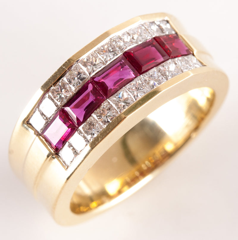 18k Yellow Gold Baguette Ruby Diamond Invisible Set Cocktail Ring 1.85ctw 9.2g