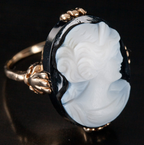 Vintage 1940's 10k Yellow Gold Oval Agate Cameo Style Ring 5.50g