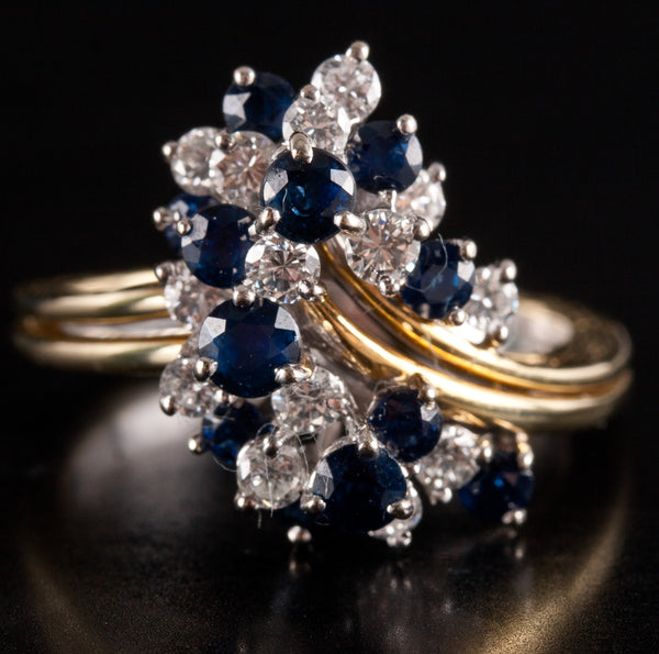 18k Yellow White Gold Round Sapphire Diamond Cluster Style Cocktail Ring 2.29ctw