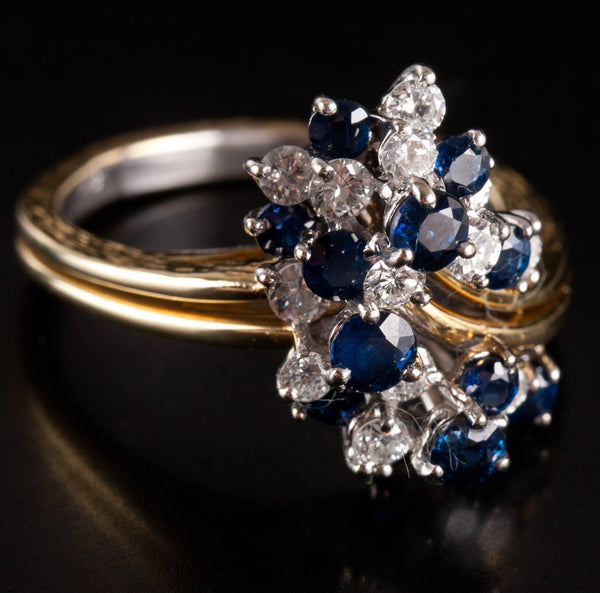 18k Yellow White Gold Round Sapphire Diamond Cluster Style Cocktail Ring 2.29ctw