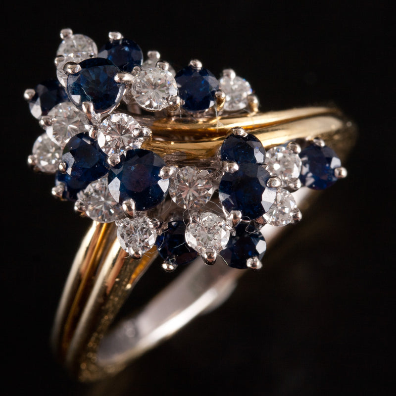 18k Yellow White Gold Round Sapphire Diamond Cluster Style Cocktail Ring 2.29ctw