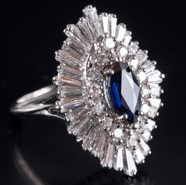 Vintage 1960's Platinum Marquise AA Sapphire Diamond Halo Cocktail Ring 2.29ctw