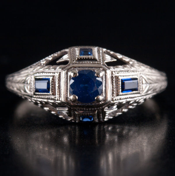 Vintage 1920's 14k White Gold Round Sapphire Filigree Ring .36ctw 1.64g