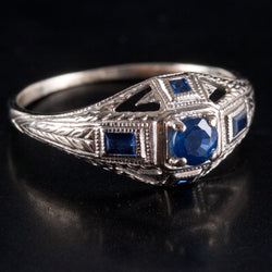 Vintage 1920's 14k White Gold Round Sapphire Filigree Ring .36ctw 1.64g