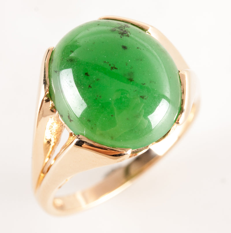 Vintage 1960's 14k Yellow Gold Oval Cabochon Jadeite Solitaire Cocktail Ring