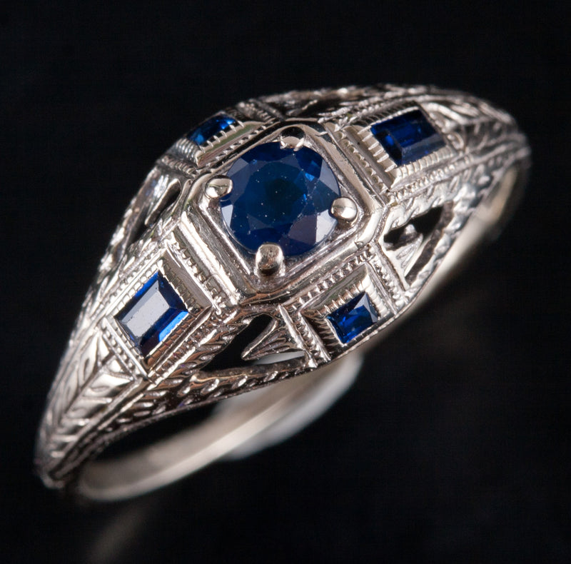 Vintage 1920's 14k White Gold Round Sapphire Filigree Ring .36ctw 1.64g