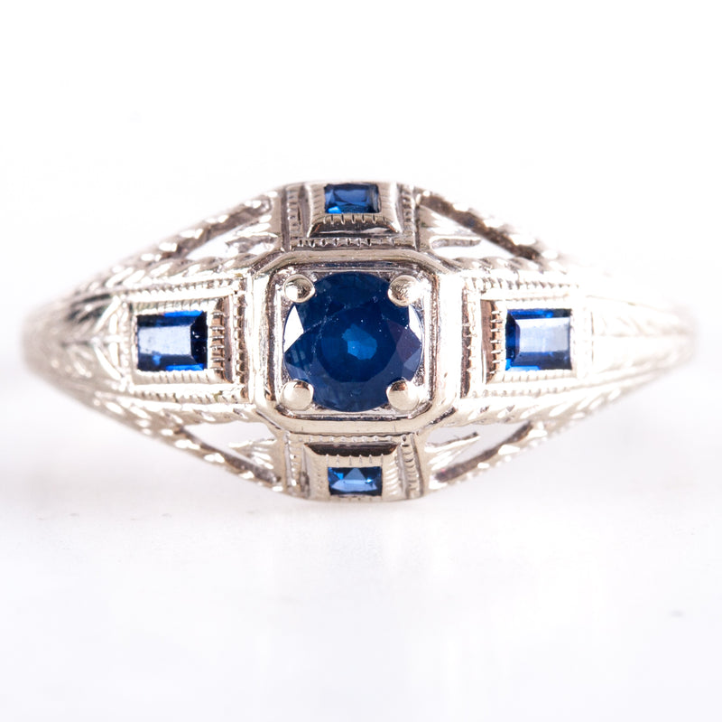 Vintage 1920's 14k White Gold Round Sapphire Filigree Ring .36ctw 1.64g