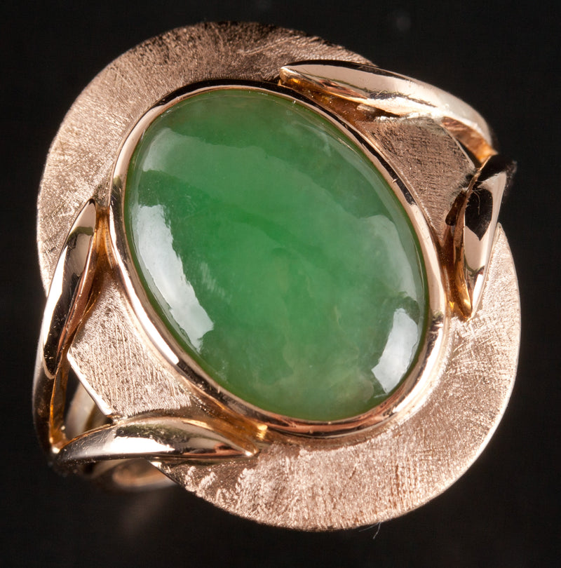 Vintage 1950's 14k Yellow Gold Oval Cabochon Jade Solitaire Cocktail Ring 6.5g