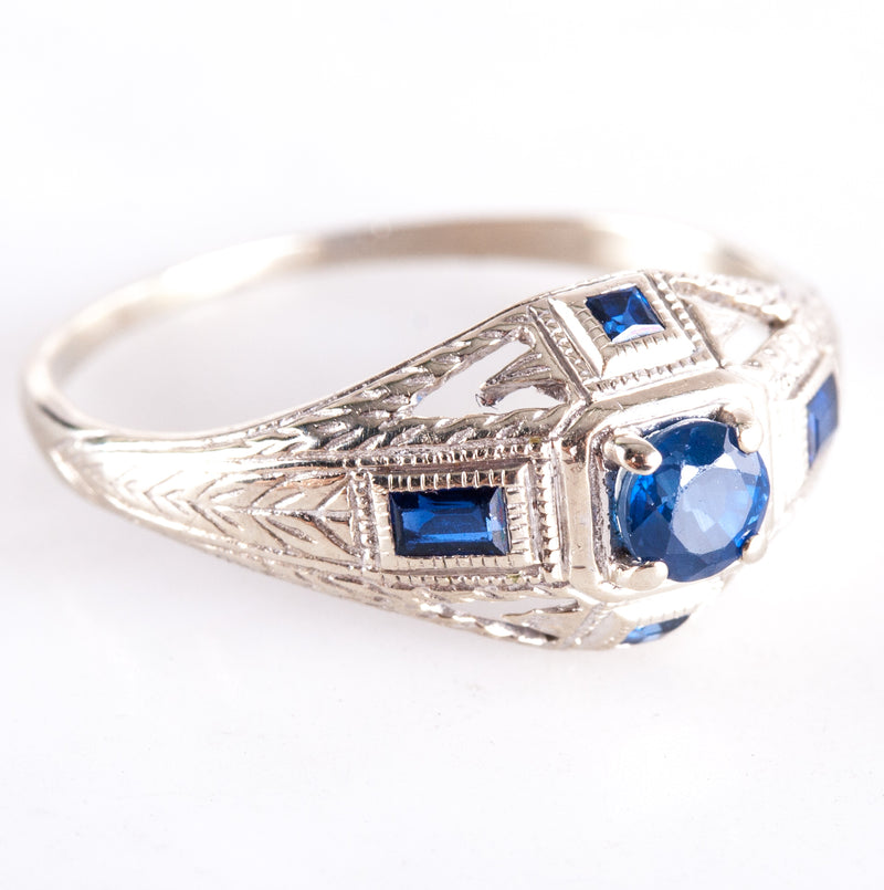 Vintage 1920's 14k White Gold Round Sapphire Filigree Ring .36ctw 1.64g