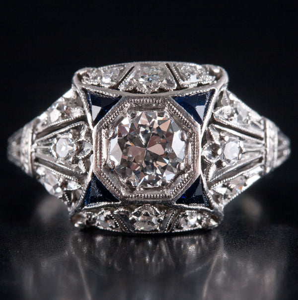 Vintage 1930's Platinum Transitional Diamond Sapphire Engagement Ring .62ctw