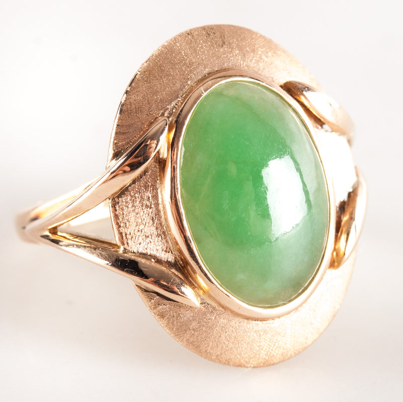 Vintage 1950's 14k Yellow Gold Oval Cabochon Jade Solitaire Cocktail Ring 6.5g