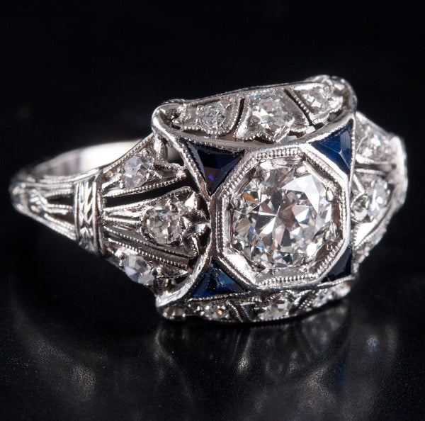 Vintage 1930's Platinum Transitional Diamond Sapphire Engagement Ring .62ctw