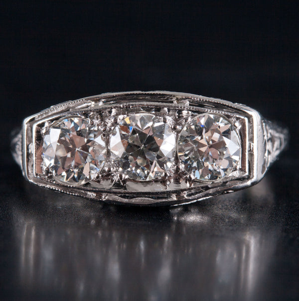 Vintage 1930's Platinum Transitional Diamond Three Stone Engagement Ring .60ctw