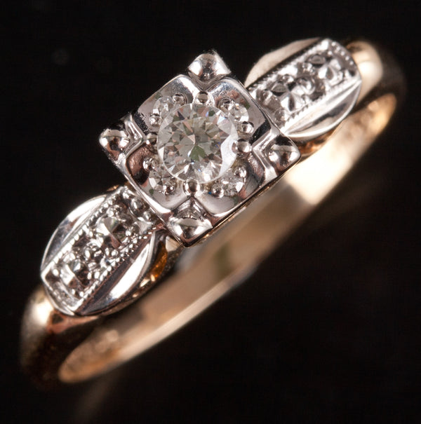 Vintage 1940's 14k Yellow White Gold Round Diamond Engagement Ring .12ctw 2.2g