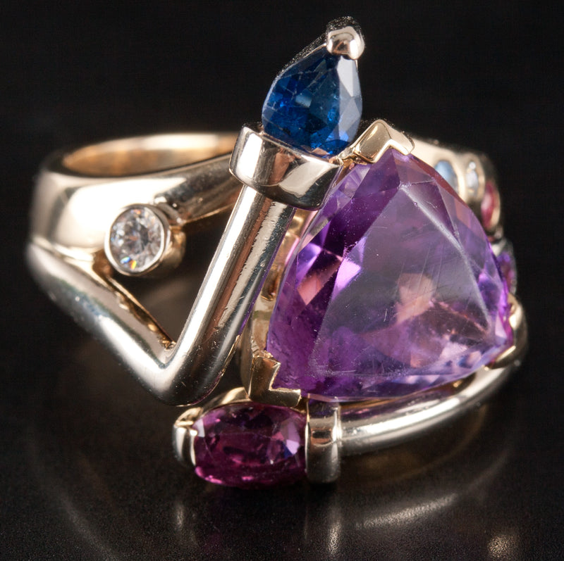 14k Yellow Gold Amethyst Sapphire Ruby Aquamarine Diamond Abstract Ring 5.45ctw