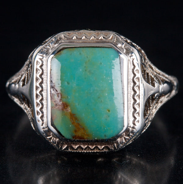 14k White Gold Rectangle Cabochon Turquoise Solitaire Filigree Style Ring 2.55g