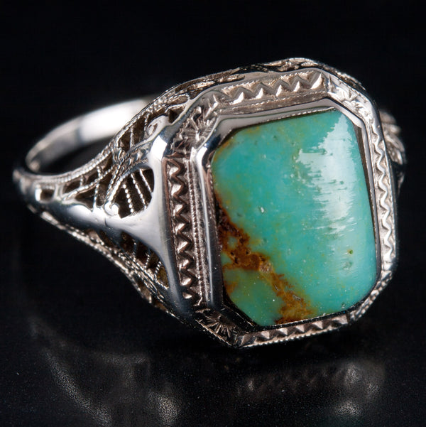 14k White Gold Rectangle Cabochon Turquoise Solitaire Filigree Style Ring 2.55g