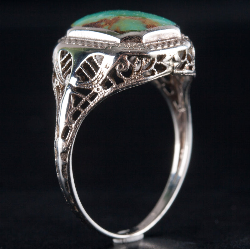 14k White Gold Rectangle Cabochon Turquoise Solitaire Filigree Style Ring 2.55g