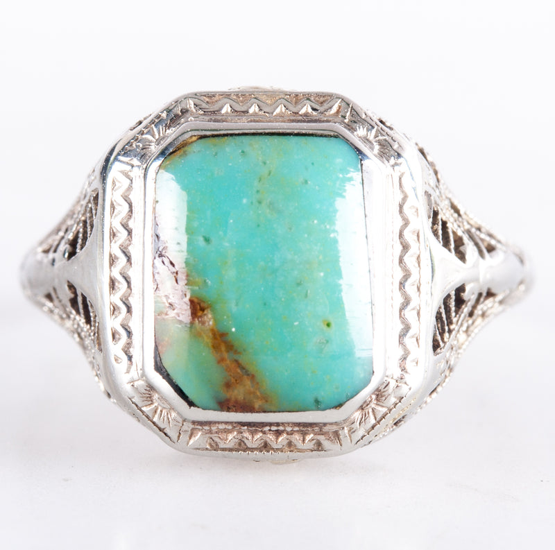 14k White Gold Rectangle Cabochon Turquoise Solitaire Filigree Style Ring 2.55g