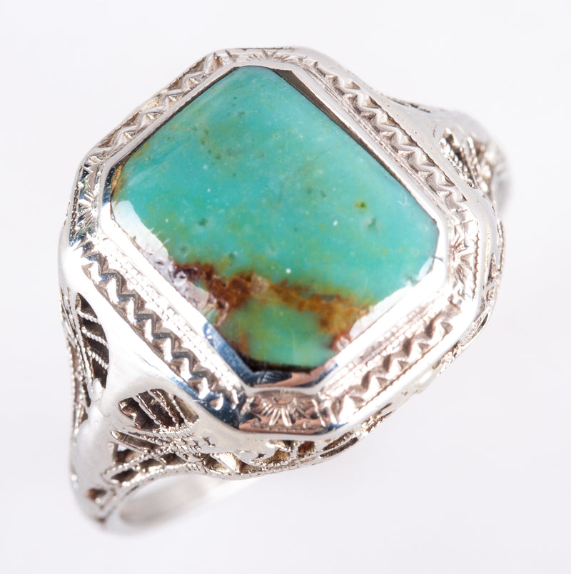 14k White Gold Rectangle Cabochon Turquoise Solitaire Filigree Style Ring 2.55g