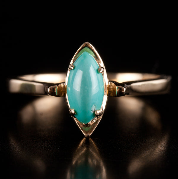 Vintage 1960's 14k Yellow Gold Marquise Cabochon Turquoise Solitaire Ring 2.75g