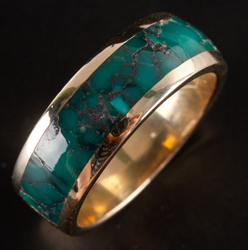 14k Yellow Gold Inlay Style AA Royston Turquoise Ring 9.78g