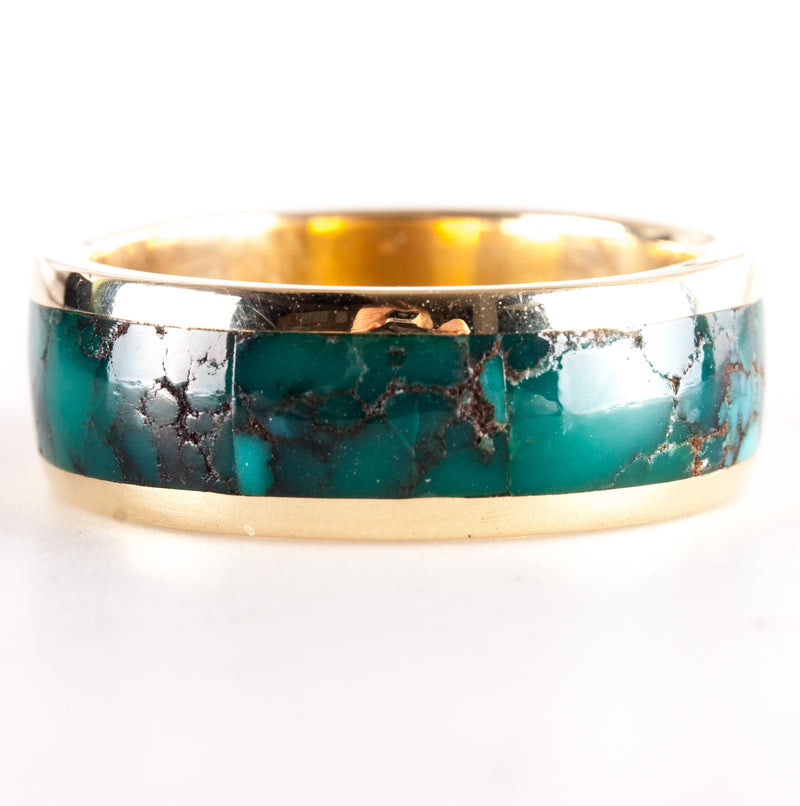 14k Yellow Gold Inlay Style AA Royston Turquoise Ring 9.78g